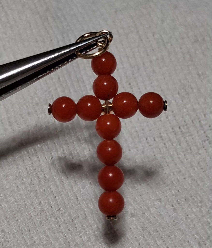14k YG Coral beaded cross pendant