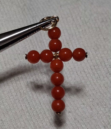 14k YG Coral beaded cross pendant