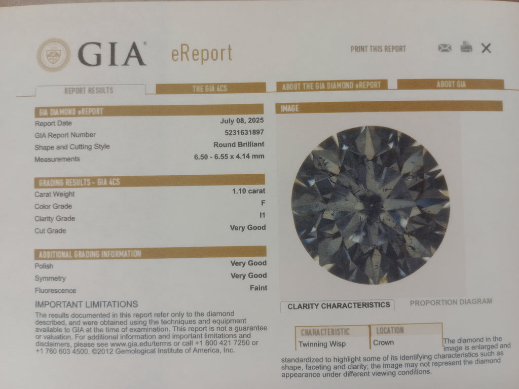 GIA 1.10 CT Round Diamond, F, I1 (-64)